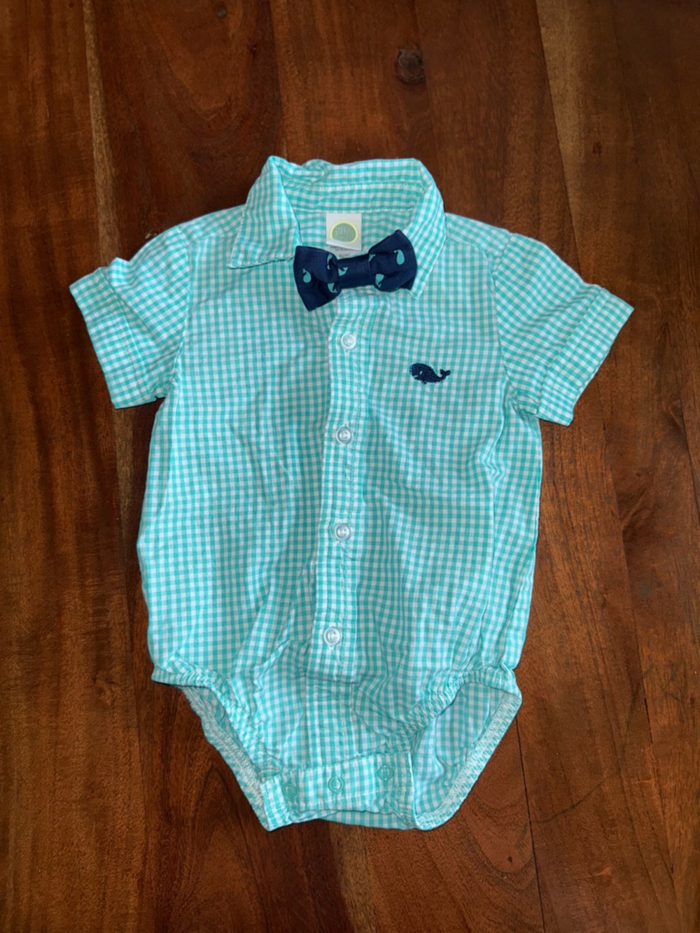 Little Me Turquoise Gingham Button-Down Shirt with Navy Bow